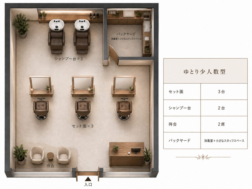 パターンB：ゆとり少人数型（セット面3台・シャンプー台2台）