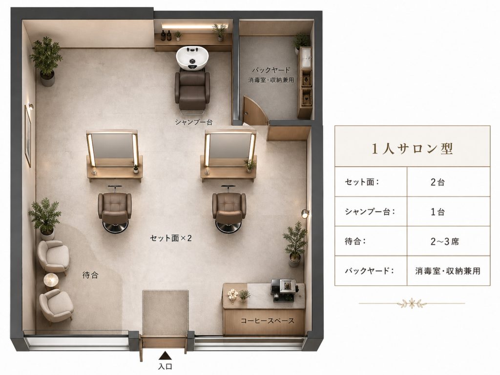パターンA：1人サロン型（セット面2台・シャンプー台1台）