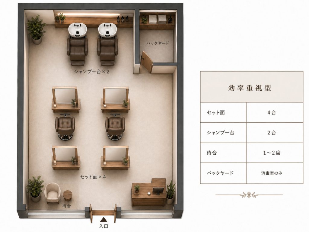 パターンC：効率重視型（セット面4台・シャンプー台2台）